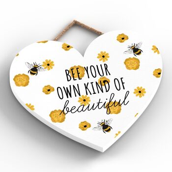 P3145 - Bee Your Own Kind Plaque à suspendre décorative en bois en forme de cœur sur le thème de l'abeille blanche 2