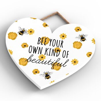 P3145 - Bee Your Own Kind Plaque à suspendre décorative en bois en forme de cœur sur le thème de l'abeille blanche 4
