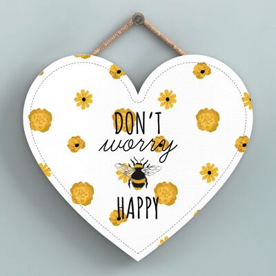 P3147 - Don'T Worry Be Happy White Bee Themed Decorative Wooden Heart Shaped Hanging Plaque
