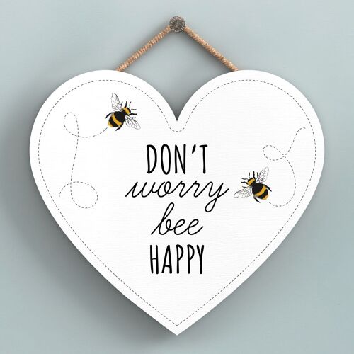 P3148 - Don'T Worry Bee Happy White Bee Themed Decorative Wooden Heart Shaped Hanging Plaque
