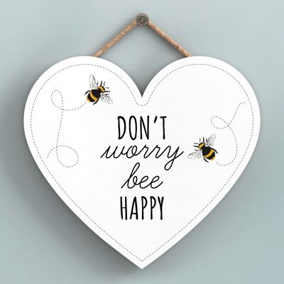 P3148 - Don't Worry Bee Happy White Bee Plaque décorative à suspendre en forme de cœur en bois