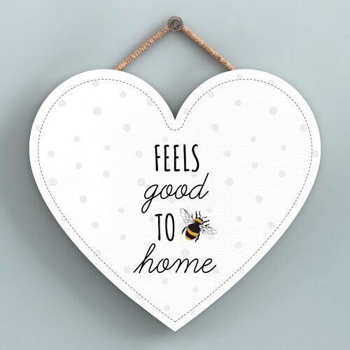 P3149 - Feels Good To Be Home White Bee Themed Decorative Wooden Heart Shaped Hanging Plaque