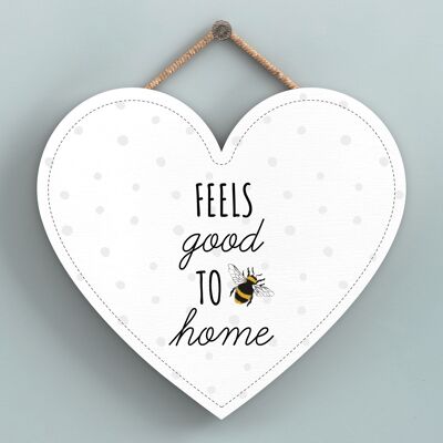P3149 - Si sente bene essere a casa Targa decorativa da appendere a forma di cuore in legno a tema ape bianca