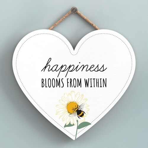 P3150 - Happiness Blooms White Bee Themed Decorative Wooden Heart Shaped Hanging Plaque