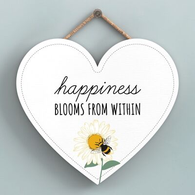 P3150 - La felicità fiorisce la targa decorativa da appendere a forma di cuore in legno a tema ape bianca
