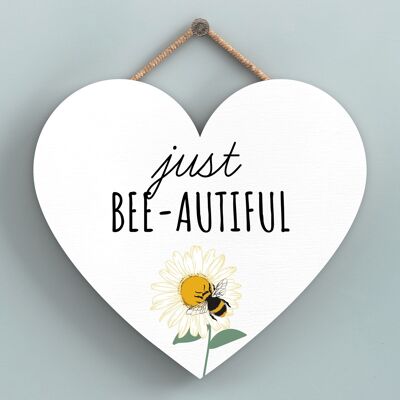 P3152 - Just Bee-Autiful White Bee Themed Decorative Wooden Heart Shaped Hanging Plaque