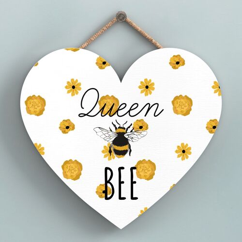 P3153 - Queen Bee White Bee Themed Decorative Wooden Heart Shaped Hanging Plaque