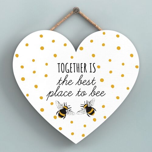P3154 - Together Is The Best White Bee Themed Decorative Wooden Heart Shaped Hanging Plaque