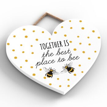 P3154 - Together Is The Best Plaque décorative à suspendre en bois en forme de cœur sur le thème de l'abeille blanche 2