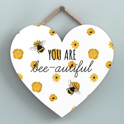 P3155 - You Are Bee-Autiful White Bee Themed Decorative Wooden Heart Shaped Hanging Plaque