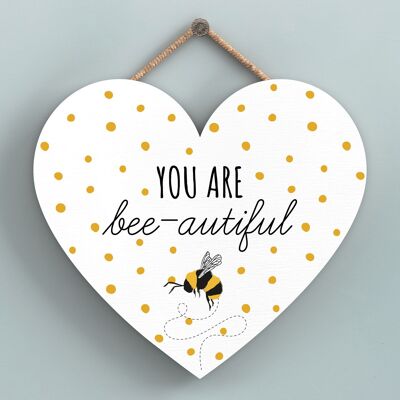 P3156 - You Are Bee-Autiful White Bee Themed Decorative Wooden Heart Shaped Hanging Plaque