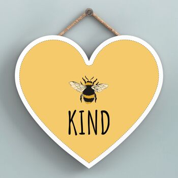 P3158 - Plaque décorative à suspendre en forme de cœur en bois sur le thème de l'abeille jaune Be Kind 1