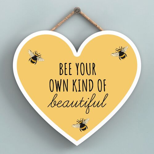 P3159 - Bee Your Own Kind Yellow Bee Themed Decorative Wooden Heart Shaped Hanging Plaque