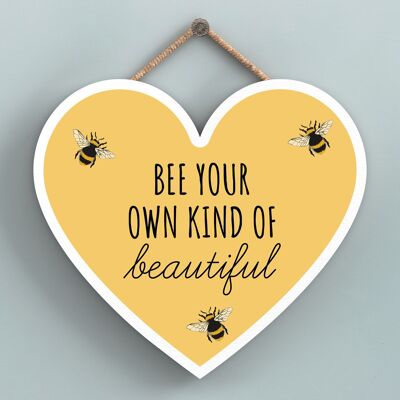 P3159 - Bee Your Own Kind Targa decorativa da appendere a forma di cuore in legno a tema ape gialla