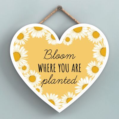 P3160 - Bloom Where You Are Yellow Bee Themed Decorative Wooden Heart Shaped Hanging Plaque