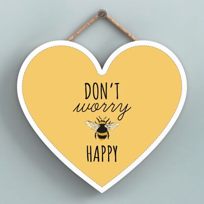 P3161 - Don'T Worry Be Happy Yellow Bee Themed Decorative Wooden Heart Shaped Hanging Plaque