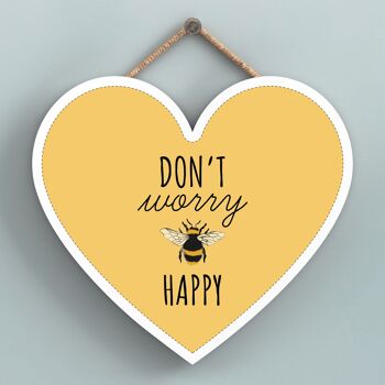 P3161 - Don't Worry Be Happy Plaque à suspendre décorative en bois en forme de cœur sur le thème de l'abeille jaune 1