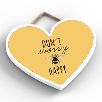 P3161 - Don't Worry Be Happy Plaque à suspendre décorative en bois en forme de cœur sur le thème de l'abeille jaune 2