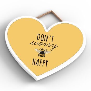 P3161 - Don't Worry Be Happy Plaque à suspendre décorative en bois en forme de cœur sur le thème de l'abeille jaune 4