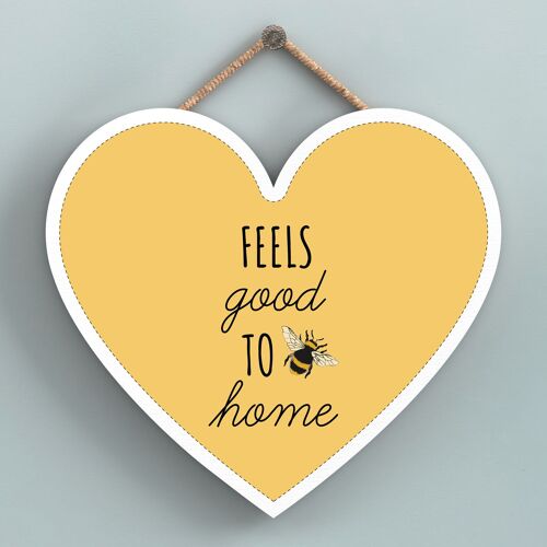 P3163 - Feels Good To Be Home Yellow Bee Themed Decorative Wooden Heart Shaped Hanging Plaque