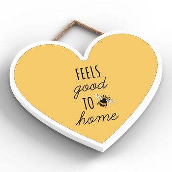 P3163 - Feels Good To Be Home Plaque décorative à suspendre en forme de cœur en bois sur le thème de l'abeille jaune 2