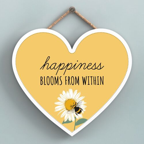 P3164 - Happiness Blooms Yellow Bee Themed Decorative Wooden Heart Shaped Hanging Plaque