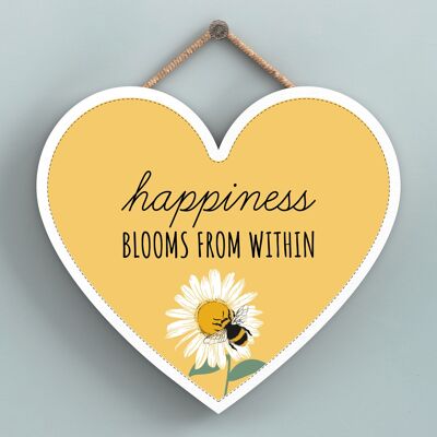 P3164 – Happiness Blooms – Gelbe Biene – Deko-Holzschild in Herzform zum Aufhängen