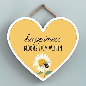 P3164 - Happiness Blooms Plaque à suspendre décorative en bois en forme de cœur sur le thème de l'abeille jaune 1