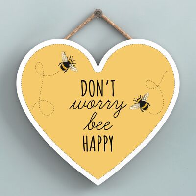 P3162 - Don'T Worry Bee Happy Yellow Bee Themed Decorative Wooden Heart Shaped Hanging Plaque