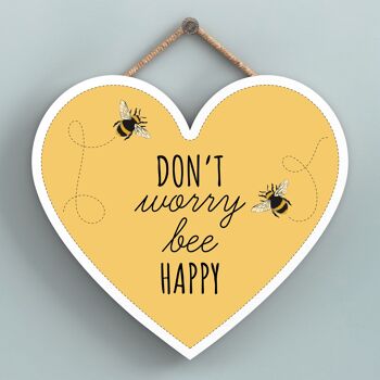 P3162 - Don't Worry Bee Happy Yellow Bee Plaque décorative à suspendre en forme de cœur en bois 1