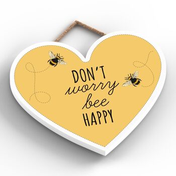 P3162 - Don't Worry Bee Happy Yellow Bee Plaque décorative à suspendre en forme de cœur en bois 2