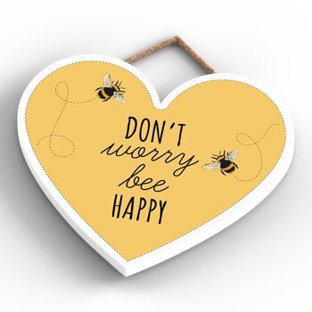 P3162 - Don't Worry Bee Happy Yellow Bee Plaque décorative à suspendre en forme de cœur en bois 4