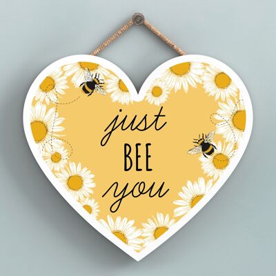 P3165 - Placa colgante en forma de corazón decorativa de madera con tema de abeja amarilla Just Bee You