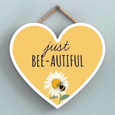 P3166 - Just Bee-Autiful Yellow Bee Themed Decorative Wooden Heart Shaped Hanging Plaque