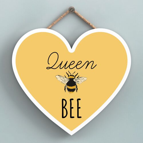P3167 - Queen Bee Yellow Bee Themed Decorative Wooden Heart Shaped Hanging Plaque