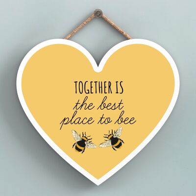 P3168 - Together Is The Best Yellow Bee Themed Decorative Wooden Heart Shaped Hanging Plaque