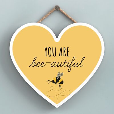 P3169 - Targa da appendere a forma di cuore in legno decorativo a tema ape gialla You Are Bee-Autiful