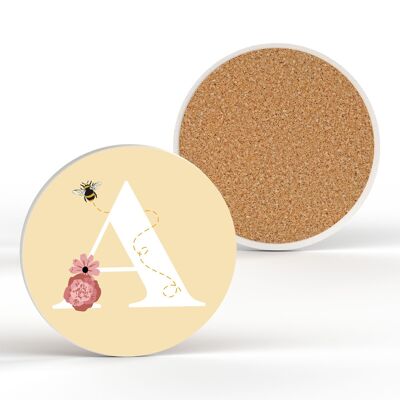 P3171 - Pastel Yellow Letter A Ceramic Coaster With Bee And Floral Theme