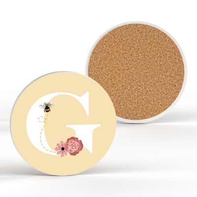 P3177 - Pastel Yellow Letter G Ceramic Coaster With Bee And Floral Theme