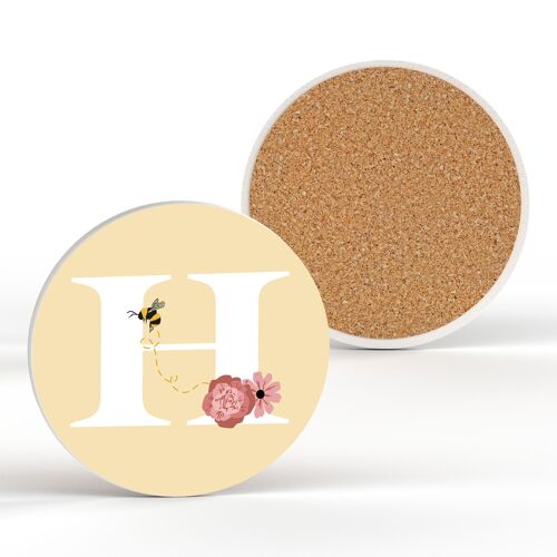 P3178 - Pastel Yellow Letter H Ceramic Coaster With Bee And Floral Theme