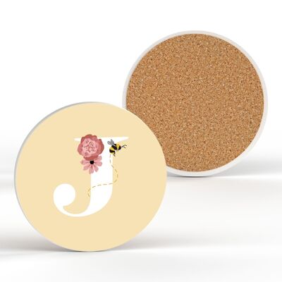 P3180 - Pastel Yellow Letter J Ceramic Coaster With Bee And Floral Theme