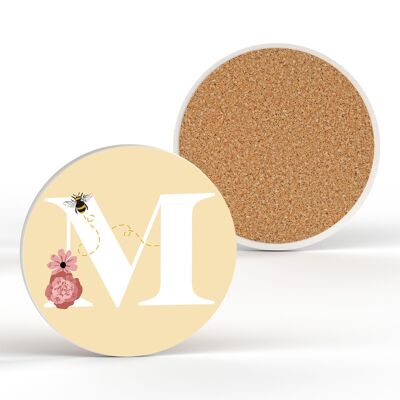 P3183 - Pastel Yellow Letter M Ceramic Coaster With Bee And Floral Theme