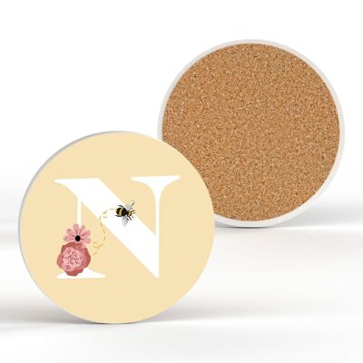 P3184 - Pastel Yellow Letter N Ceramic Coaster With Bee And Floral Theme