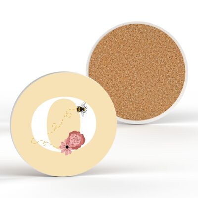 P3185 - Pastel Yellow Letter O Ceramic Coaster With Bee And Floral Theme