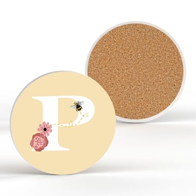 P3186 - Pastel Yellow Letter P Ceramic Coaster With Bee And Floral Theme