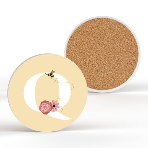 P3187 - Pastel Yellow Letter Q Ceramic Coaster With Bee And Floral Theme