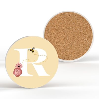 P3188 - Pastel Yellow Letter R Ceramic Coaster With Bee And Floral Theme