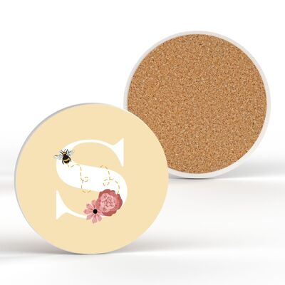 P3189 - Pastel Yellow Letter S Ceramic Coaster With Bee And Floral Theme