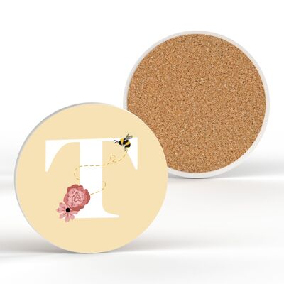 P3190 – Pastellgelber Buchstabe T Keramik-Untersetzer mit Biene und Blumenmotiv
