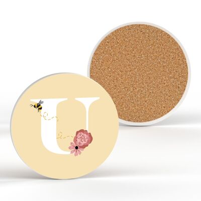 P3191 - Sottobicchiere in ceramica con lettera U giallo pastello con ape e tema floreale
